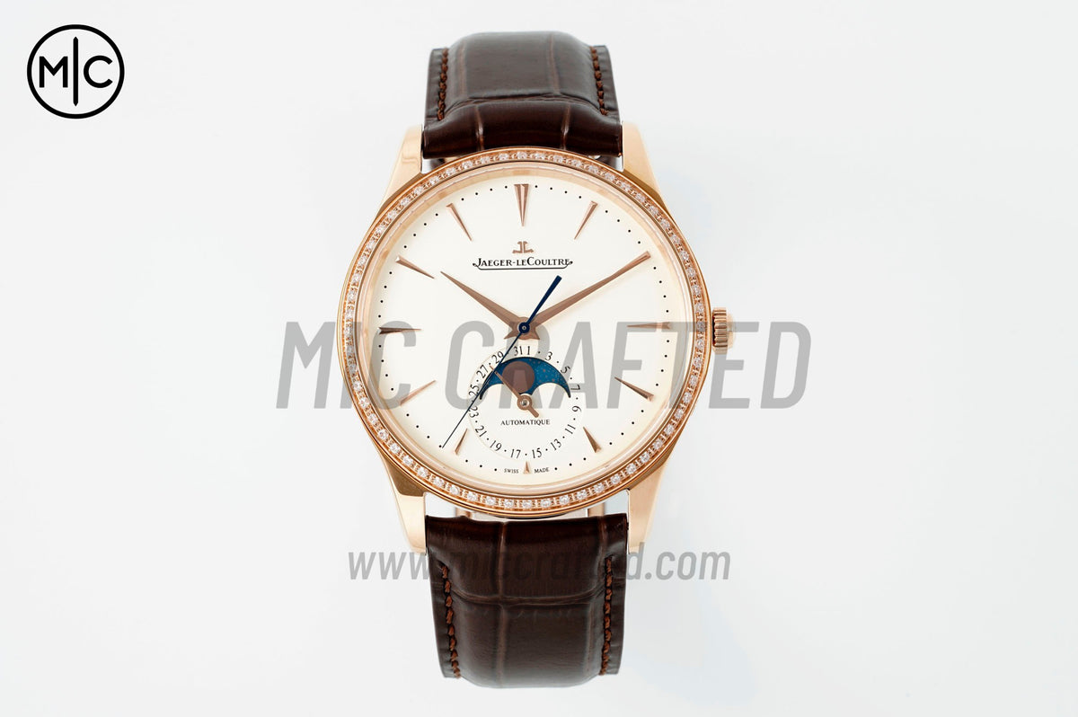 Master Ultra Thin Moon RG White Dial Diamonds Bezel on Brown Leather Strap – Premium Edition