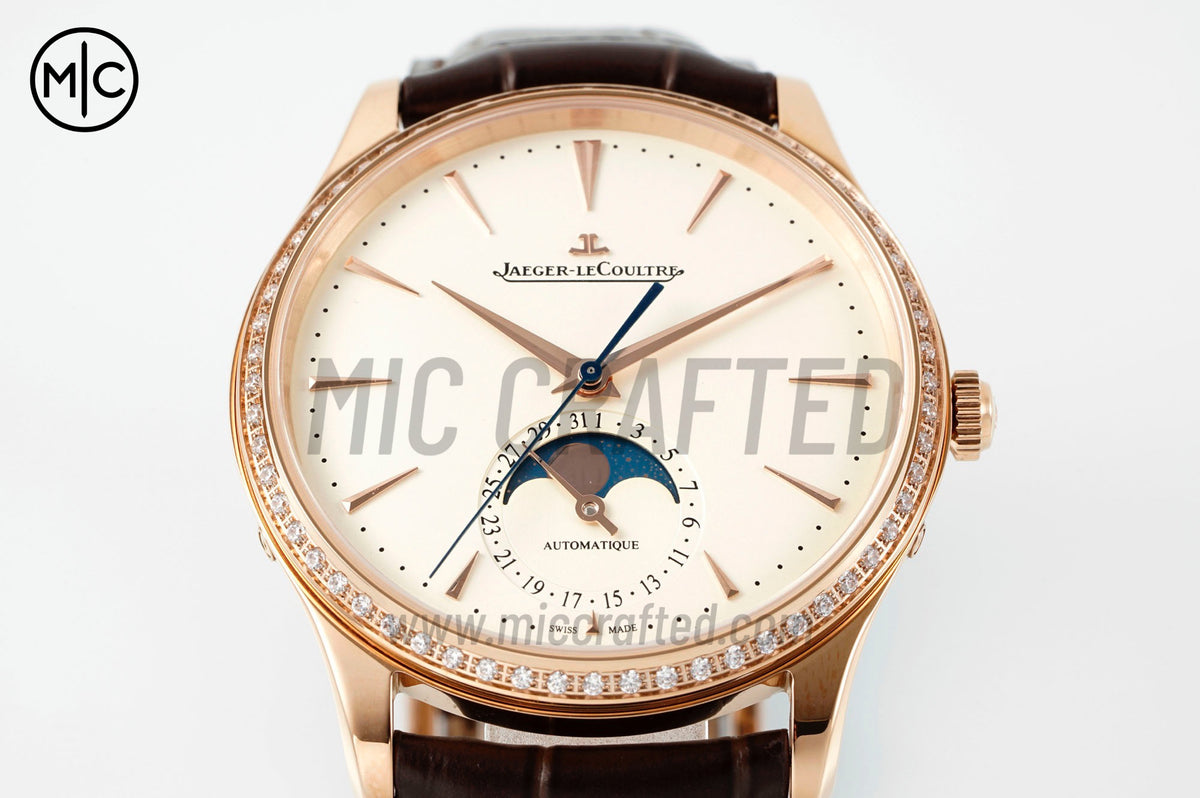 Master Ultra Thin Moon RG White Dial Diamonds Bezel on Brown Leather Strap – Premium Edition