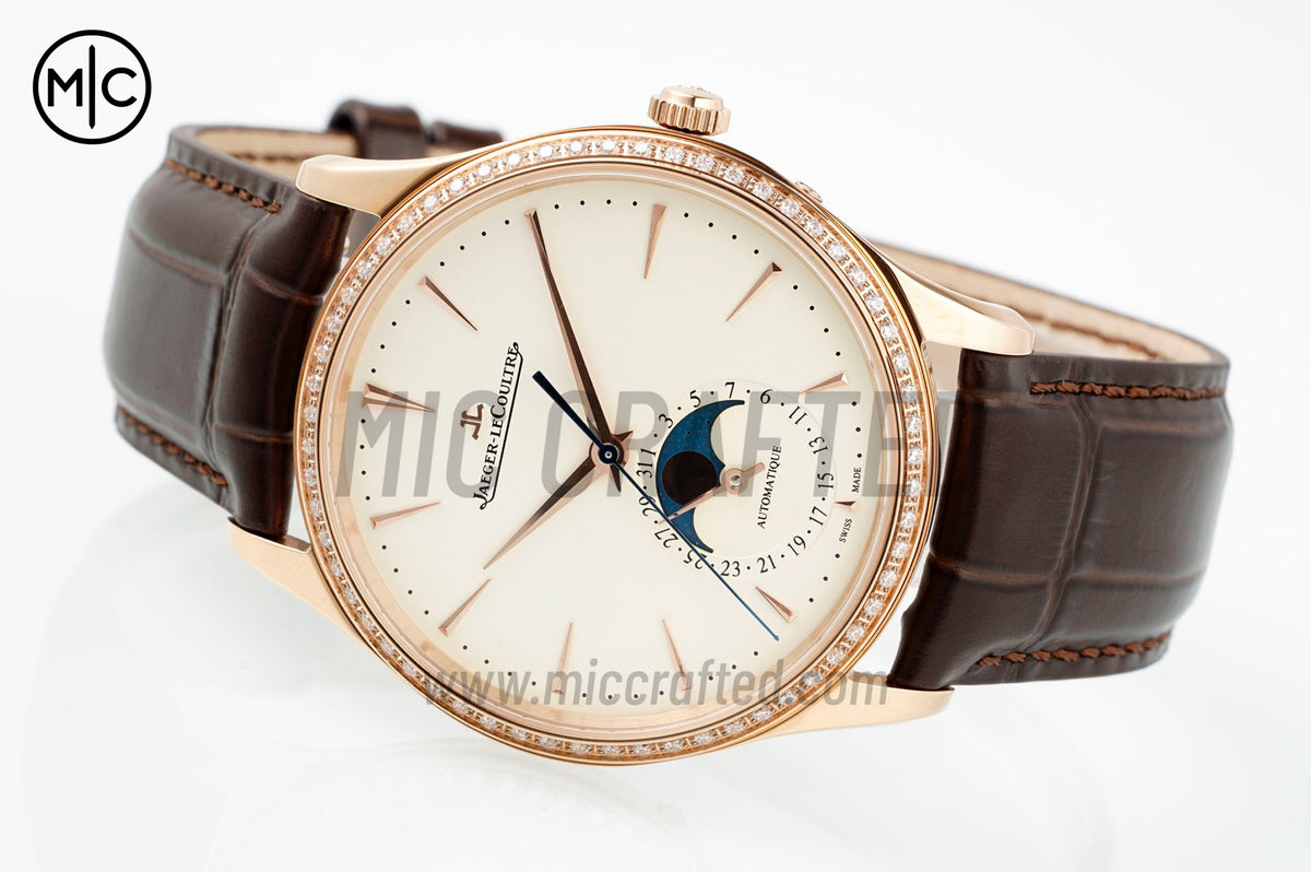 Master Ultra Thin Moon RG White Dial Diamonds Bezel on Brown Leather Strap – Premium Edition
