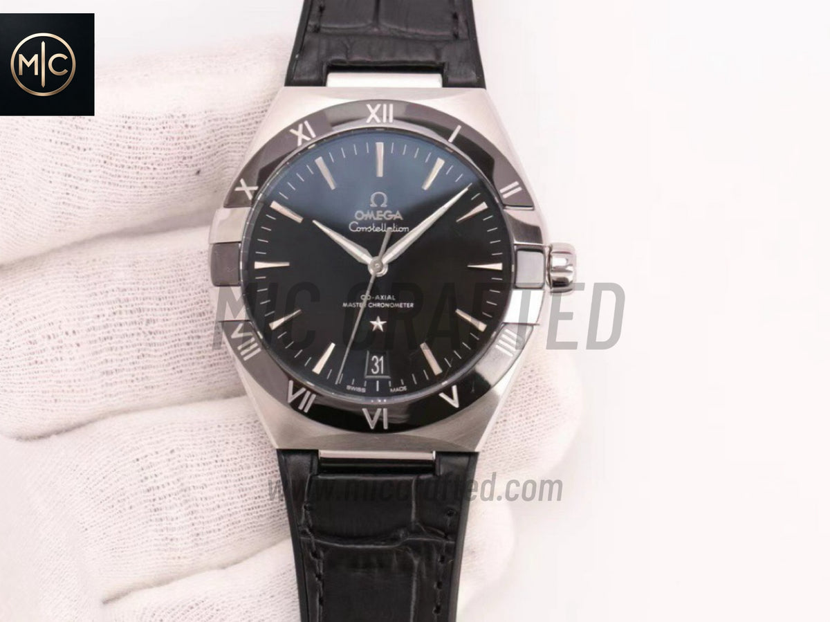 Constellation 41mm Black Ceramic Black Dial on Leather Clad Rubber Strap – Premium Edition