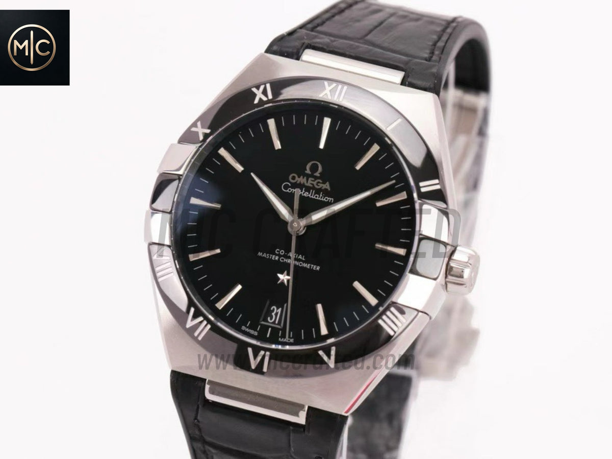 Constellation 41mm Black Ceramic Black Dial on Leather Clad Rubber Strap – Premium Edition