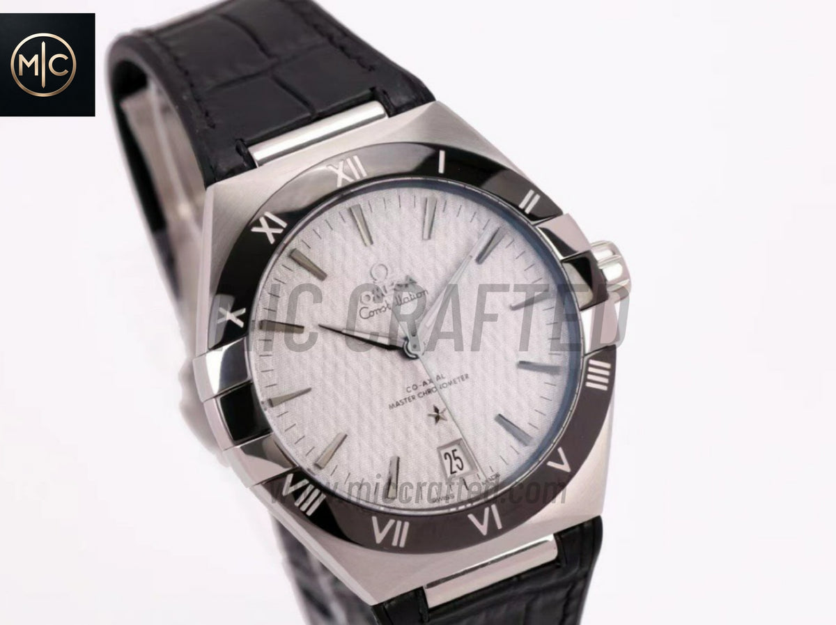 Constellation 41mm Black Ceramic Grey Dial on Leather Clad Rubber Strap – Premium Edition