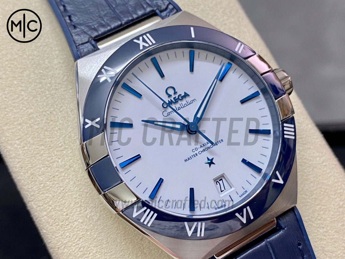 Constellation 41mm Blue Ceramic White Dial on Leather Clad Rubber Strap – Premium Edition