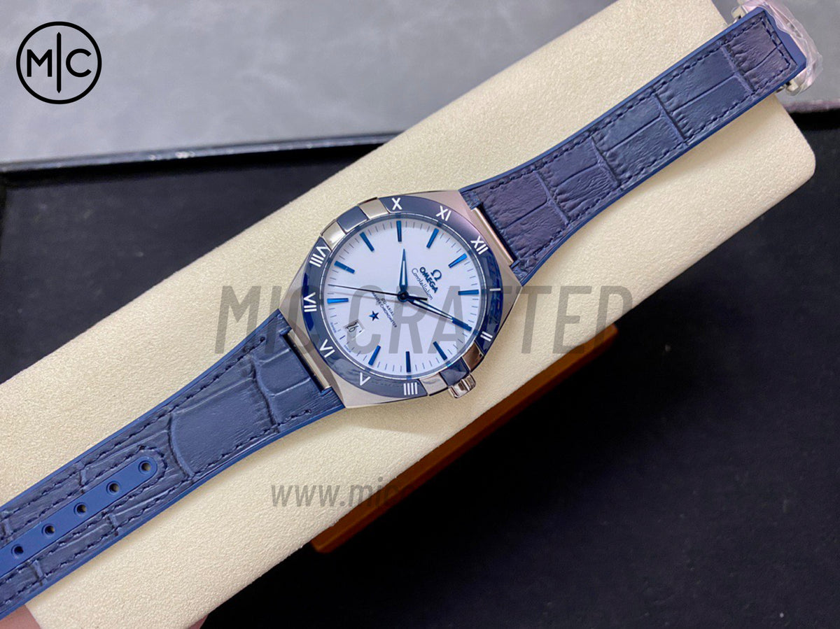 Constellation 41mm Blue Ceramic White Dial on Leather Clad Rubber Strap – Premium Edition