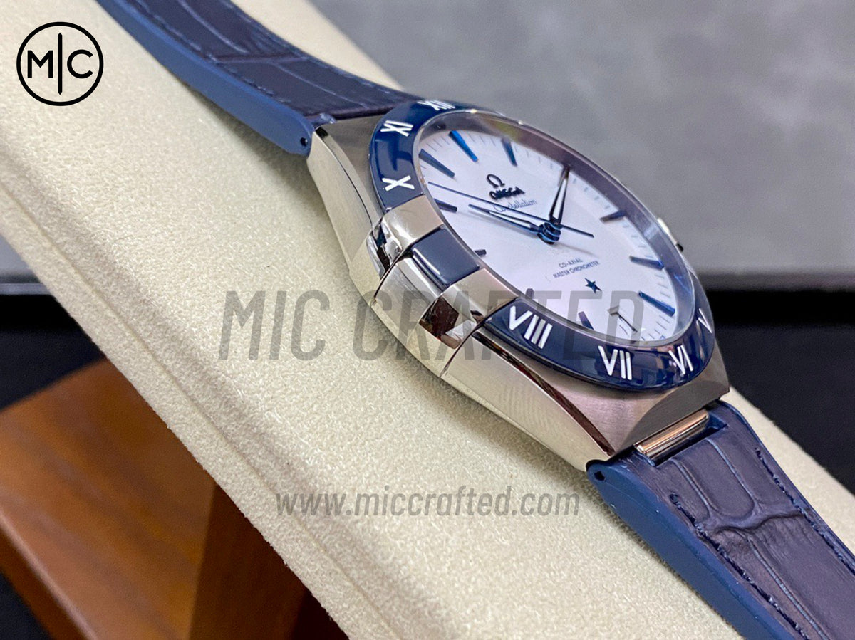 Constellation 41mm Blue Ceramic White Dial on Leather Clad Rubber Strap – Premium Edition
