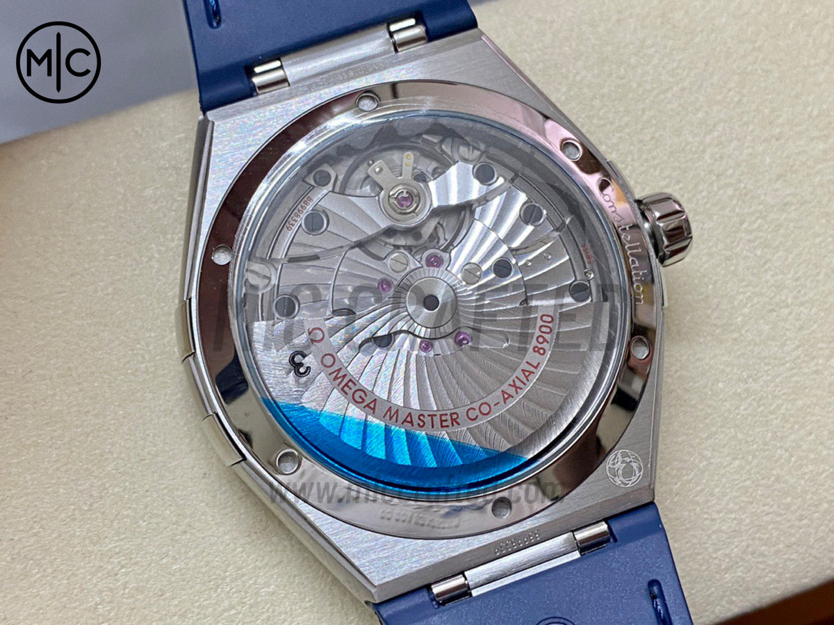 Constellation 41mm Blue Ceramic White Dial on Leather Clad Rubber Strap – Premium Edition