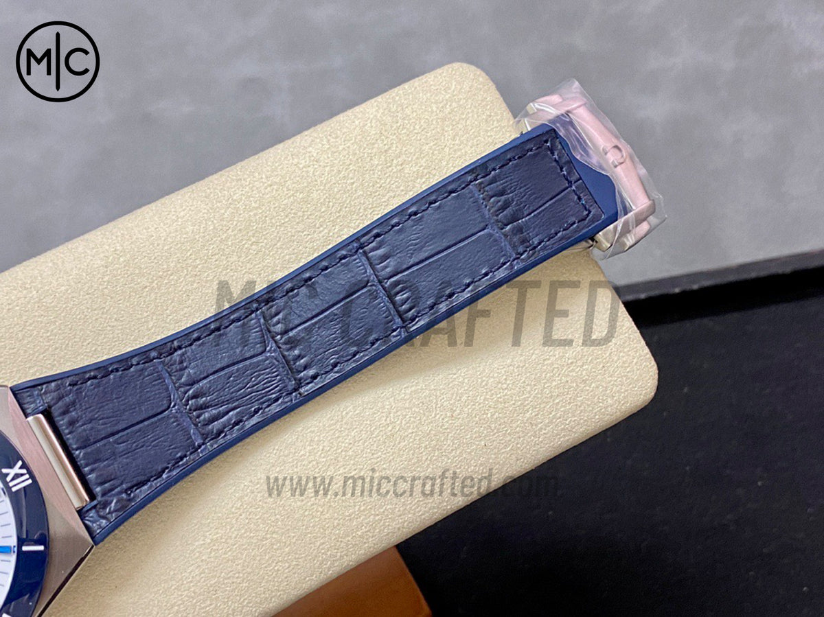 Constellation 41mm Blue Ceramic White Dial on Leather Clad Rubber Strap – Premium Edition