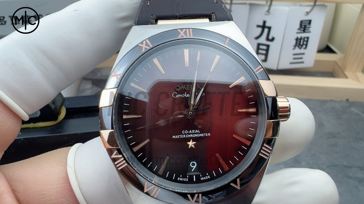 Constellation 41mm RG Wine Red Ceramic Red Dial on Leather Clad Rubber Strap – Premium Edition