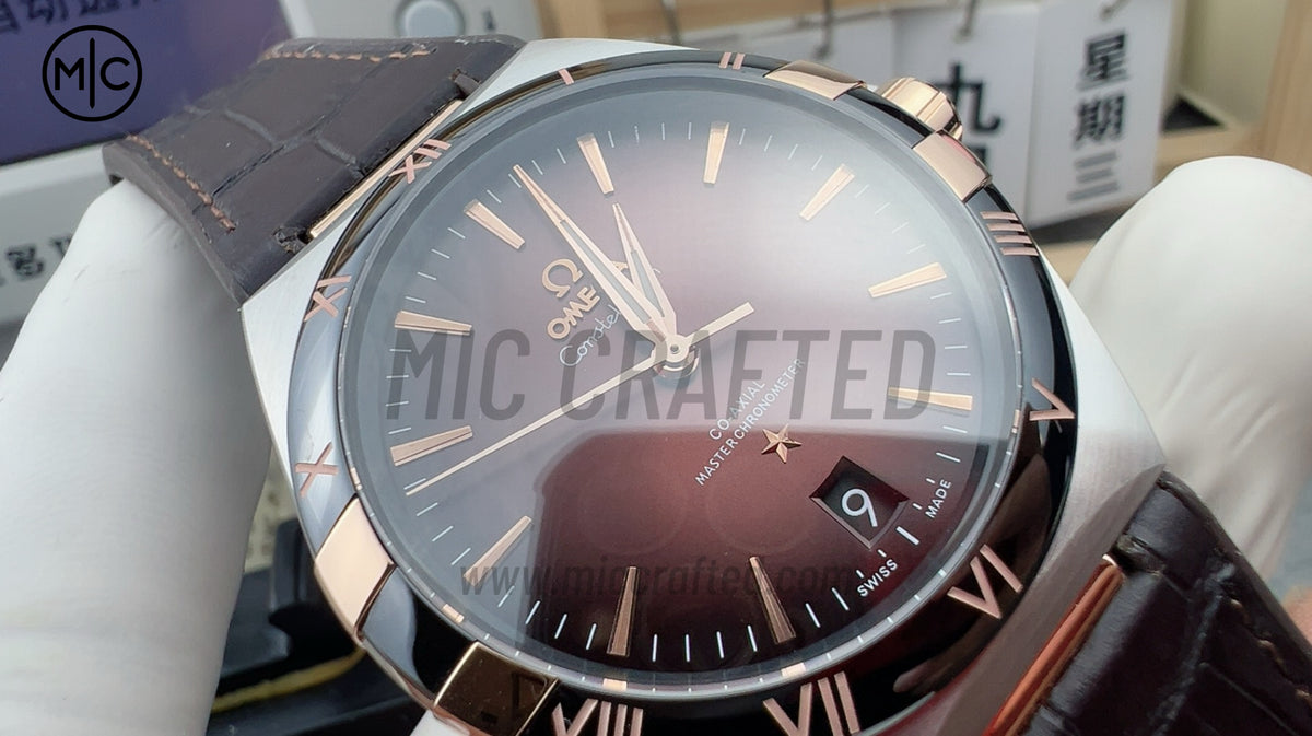 Constellation 41mm RG Wine Red Ceramic Red Dial on Leather Clad Rubber Strap – Premium Edition