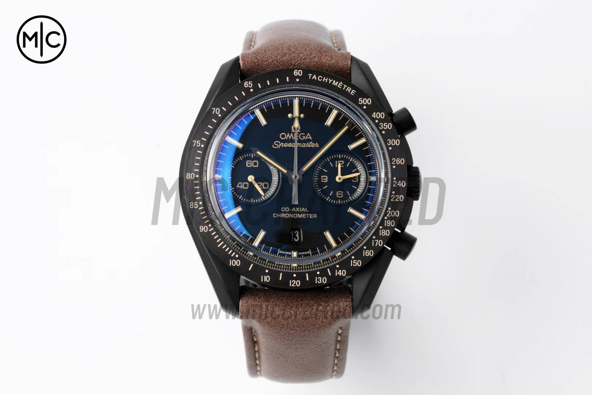 Speedmaster 44mm "Dark Side of The Moon" Real Ceramic Vintage Black on Brown Leather Strap – Premium Edition