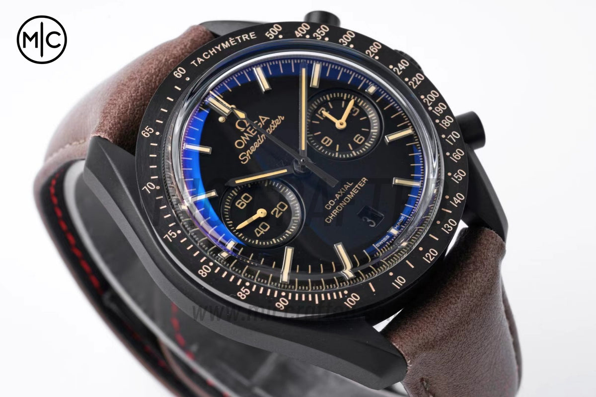 Speedmaster 44mm "Dark Side of The Moon" Real Ceramic Vintage Black on Brown Leather Strap – Premium Edition