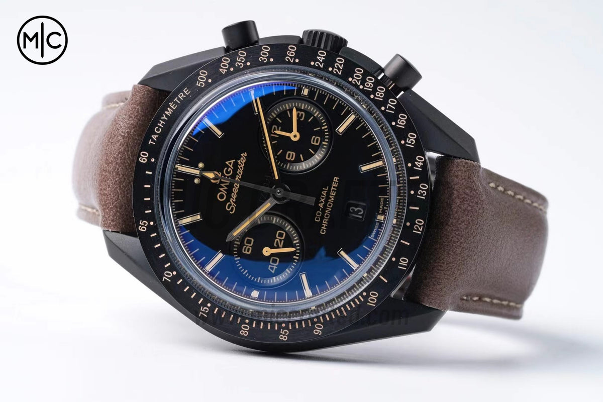 Speedmaster 44mm "Dark Side of The Moon" Real Ceramic Vintage Black on Brown Leather Strap – Premium Edition