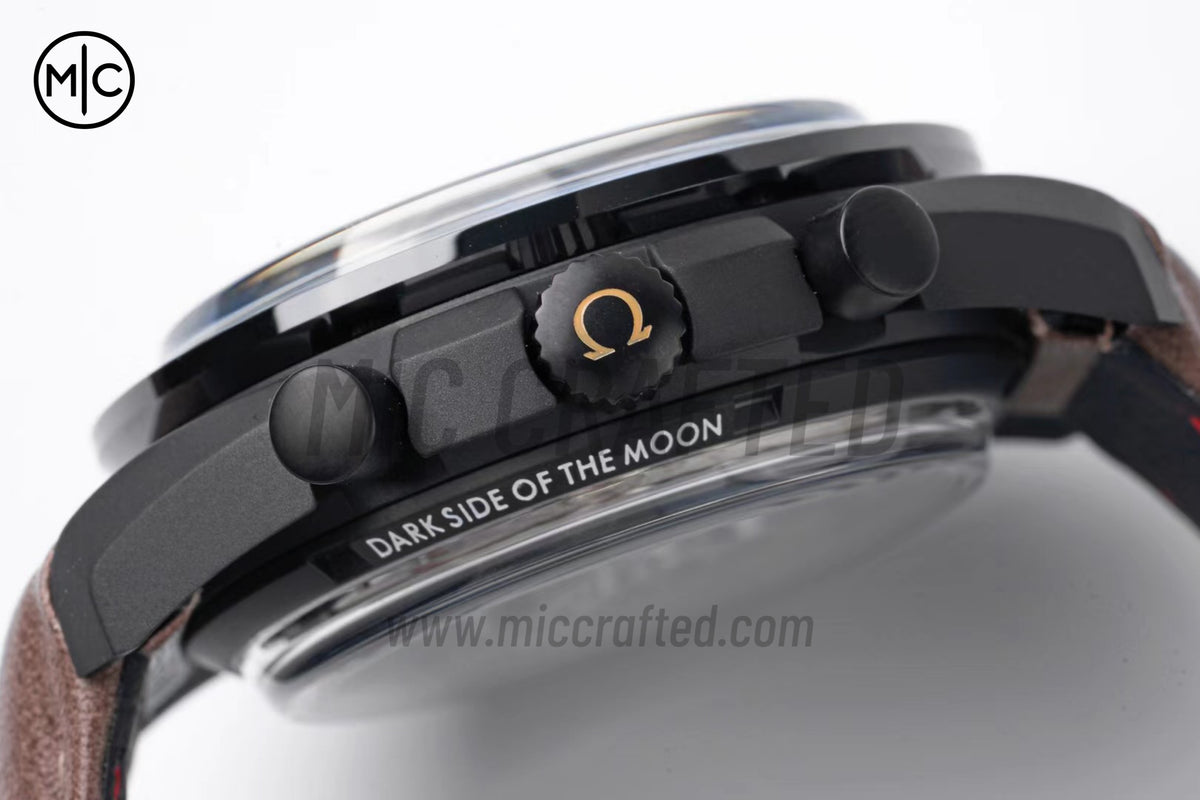 Speedmaster 44mm "Dark Side of The Moon" Real Ceramic Vintage Black on Brown Leather Strap – Premium Edition