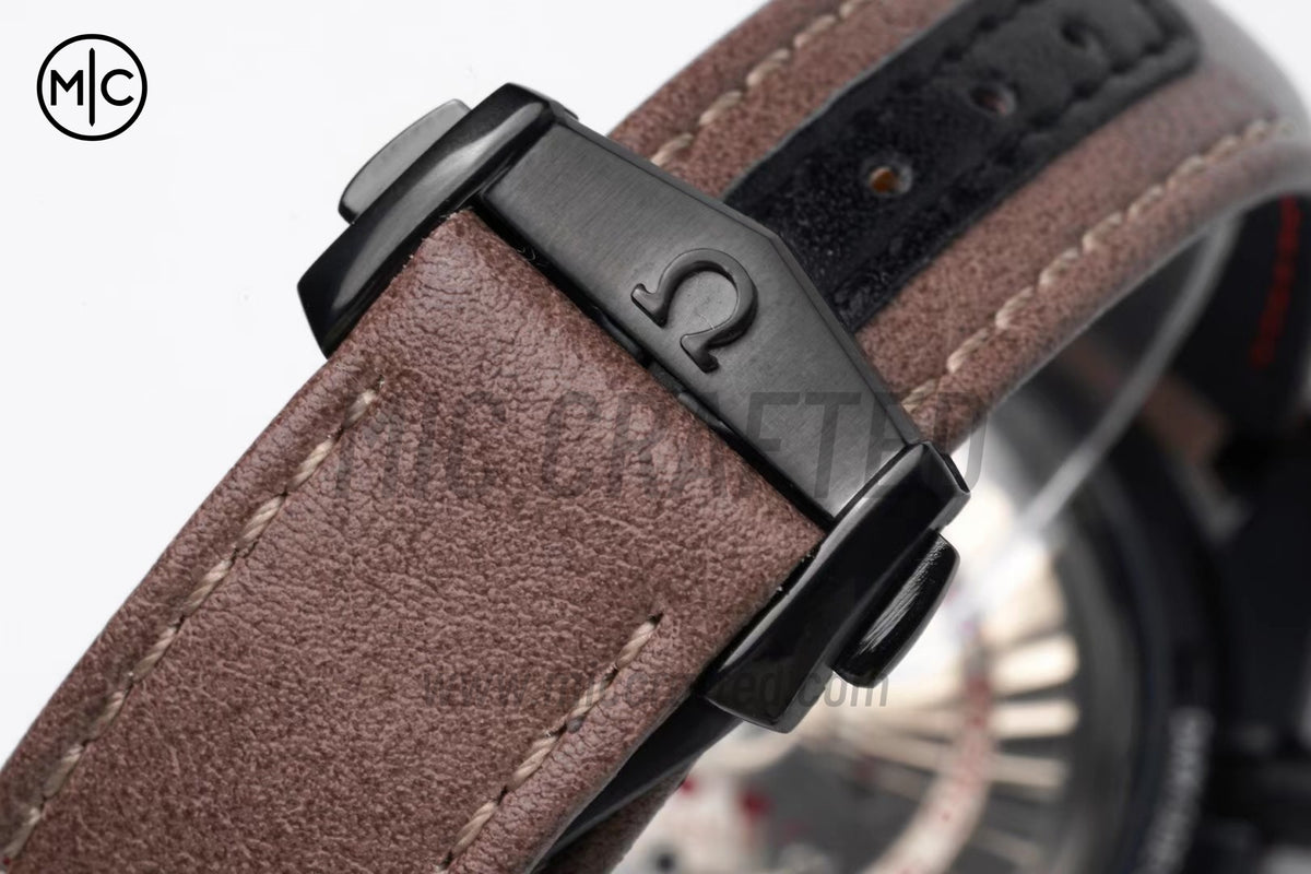 Speedmaster 44mm "Dark Side of The Moon" Real Ceramic Vintage Black on Brown Leather Strap – Premium Edition