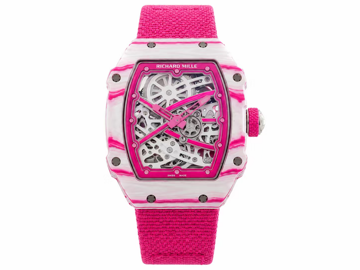 Richard Mille RM67-02 White NTPT Handcrafted Edition Skeleton Dial on Pink Nylon Strap — CRMA7 Skeleton Movement