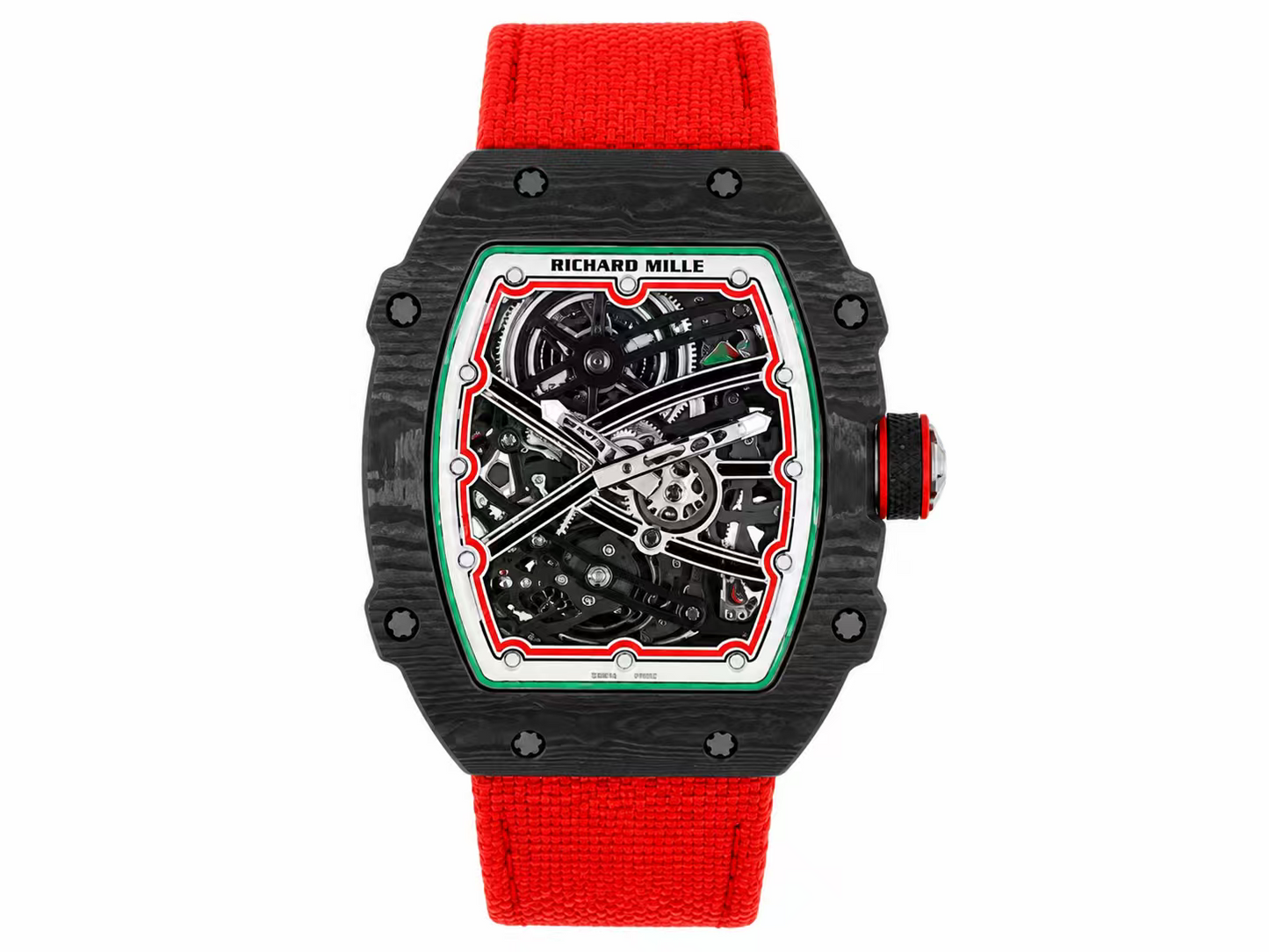 Richard Mille RM67-02 Black NTPT Handcrafted Edition Skeleton Dial on Red Nylon Strap — CRMA7 Skeleton Movement