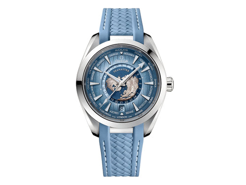 Aqua Terra GMT Worldtimer 43mm Summer Blue Dial on Blue Rubber Strap – Premium Edition