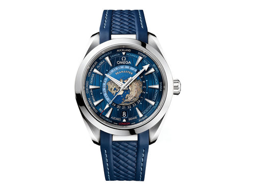 Aqua Terra GMT Worldtimer 43mm Deep Blue Dial on Blue Rubber Strap – Premium Edition