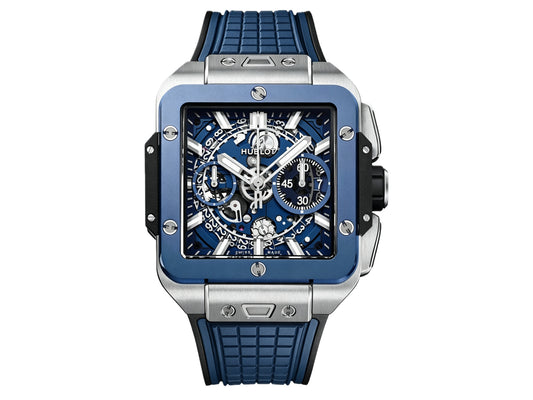 Square Bang Unico 42mm Titanium Blue Ceramic Bezel Skeleton Dial on Blue Rubber Strap – Premium Edition