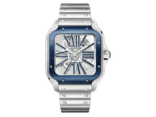 Santos Skeleton 40mm SS Skeleton Dial Blue Bezel on SS SmartLink Bracelet – Premium Edition