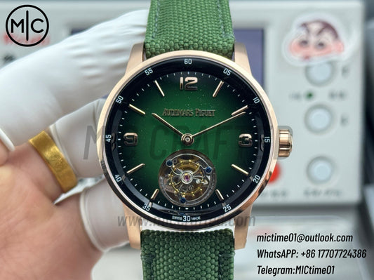 Code 11.59 26396NR 41mm RG Tourbillon Gradient Green Dial on Green Leather Strap – Premium Edition