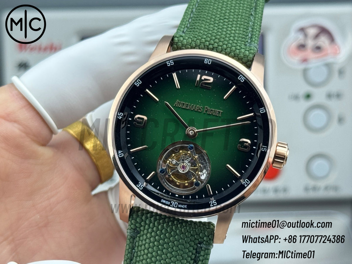Code 11.59 26396NR 41mm RG 陀飛輪 漸層綠色錶盤 綠色皮革錶帶 – 尊貴版