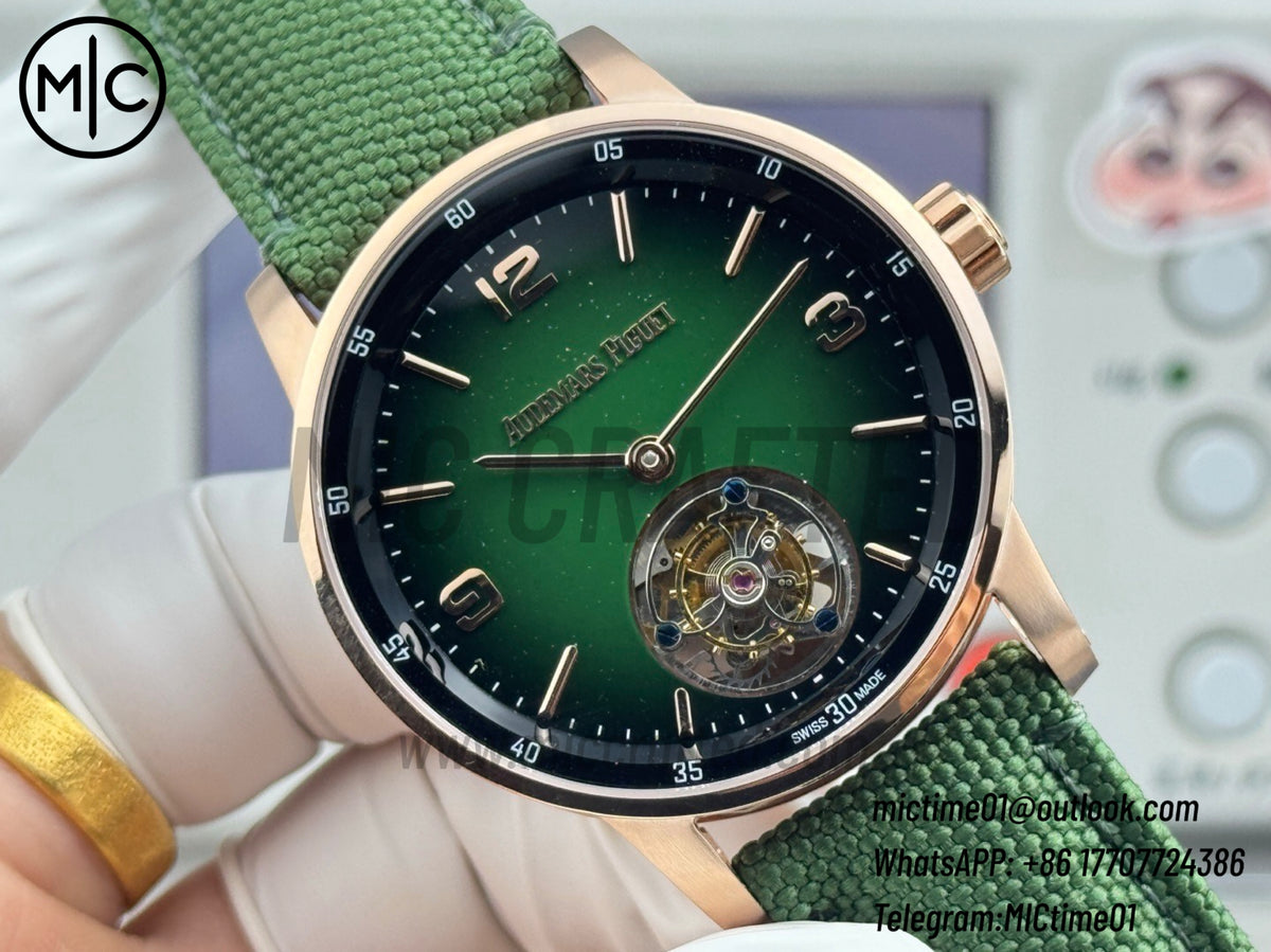 Code 11.59 26396NR 41mm RG 陀飛輪 漸層綠色錶盤 綠色皮革錶帶 – 尊貴版