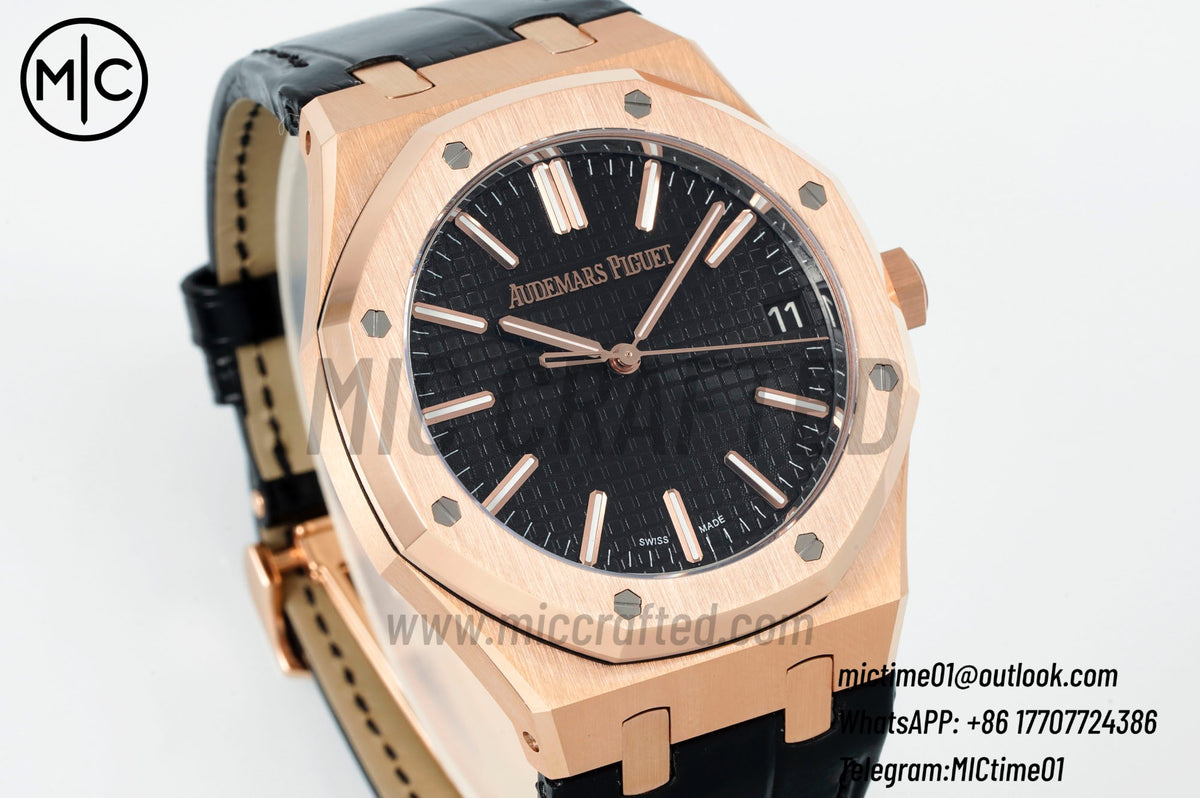 Royal Oak 41mm 15510 RG Black Dial on Blue Leather Strap – Premium Edition
