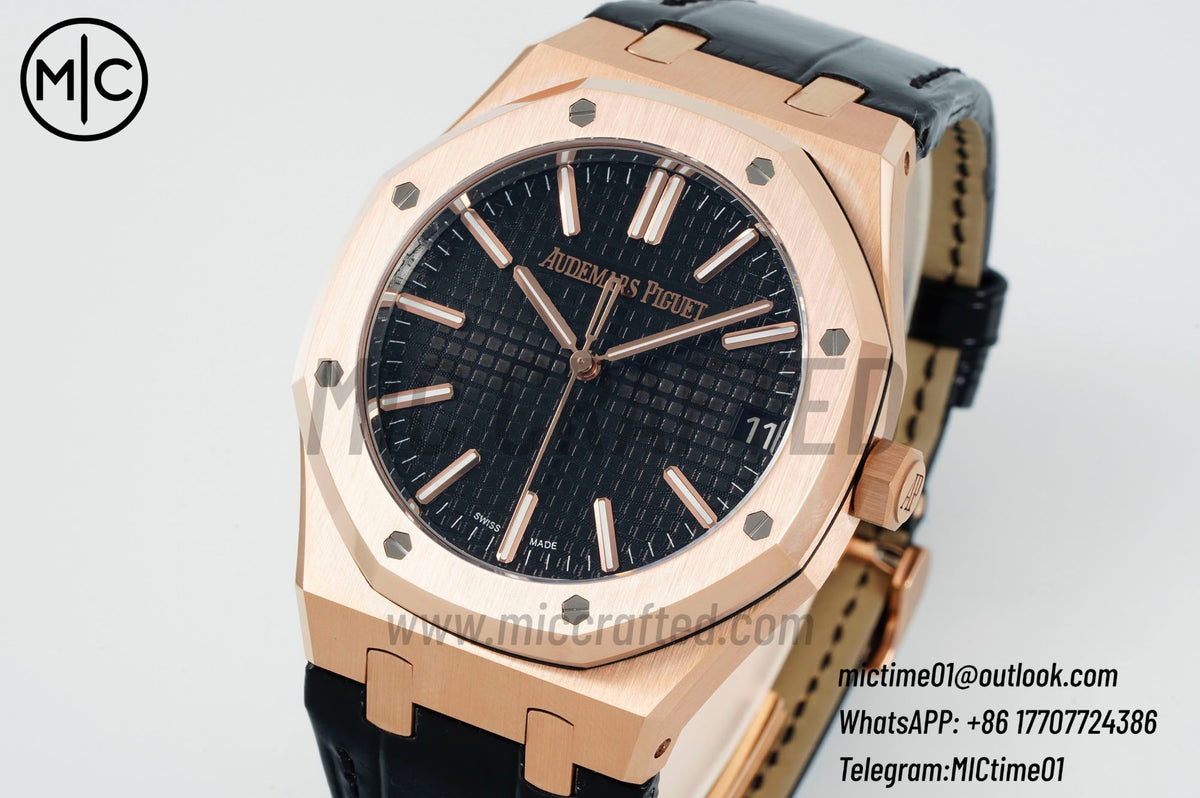 Royal Oak 41mm 15510 RG Black Dial on Blue Leather Strap – Premium Edition