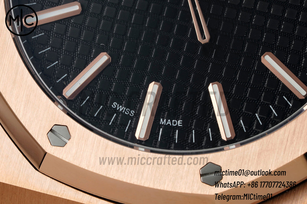 Royal Oak 41mm 15510 RG Black Dial on Blue Leather Strap – Premium Edition