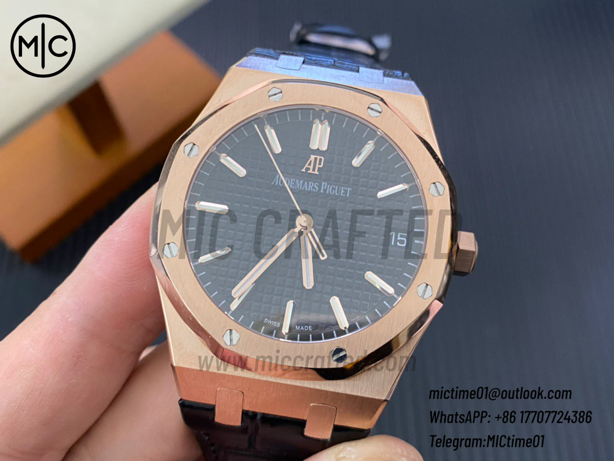 Royal Oak 41mm 15500 RG Black Dial on Black Leather Strap – Premium Edition