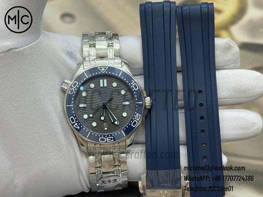Seamaster Diver 300M SS Blue Ceramic Gray Dial on SS Bracelet – Premium Edition