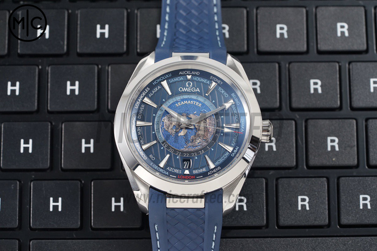 Aqua Terra GMT Worldtimer 43mm Deep Blue Dial on Blue Rubber Strap – Premium Edition