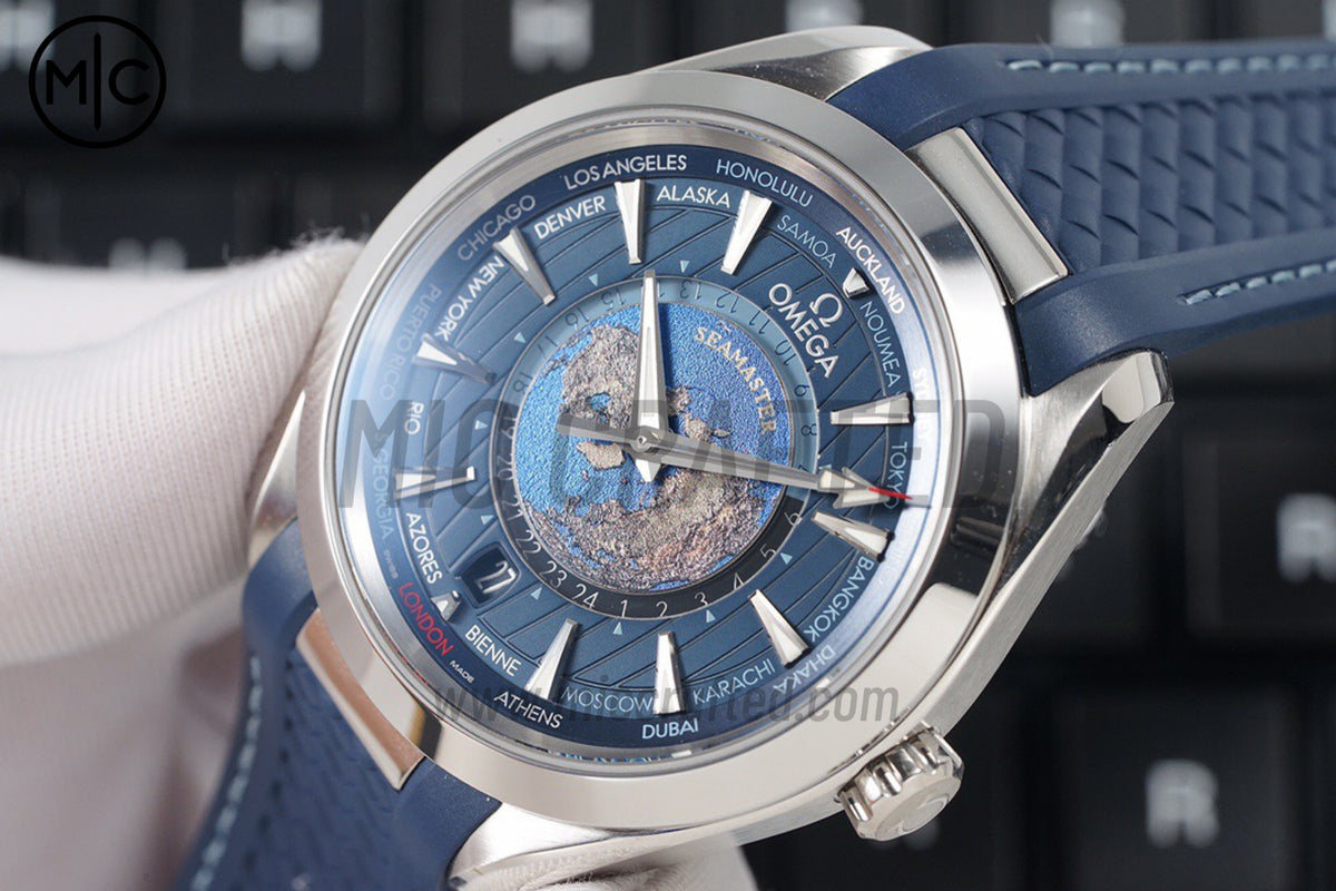 Aqua Terra GMT Worldtimer 43mm Deep Blue Dial on Blue Rubber Strap – Premium Edition