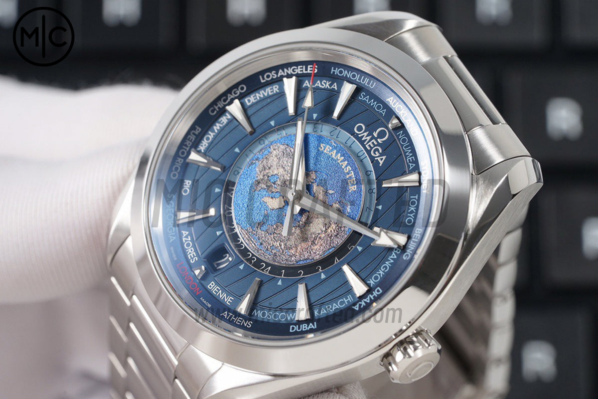 Aqua Terra GMT Worldtimer 43mm Deep Blue Dial on SS Bracelet – Premium Edition