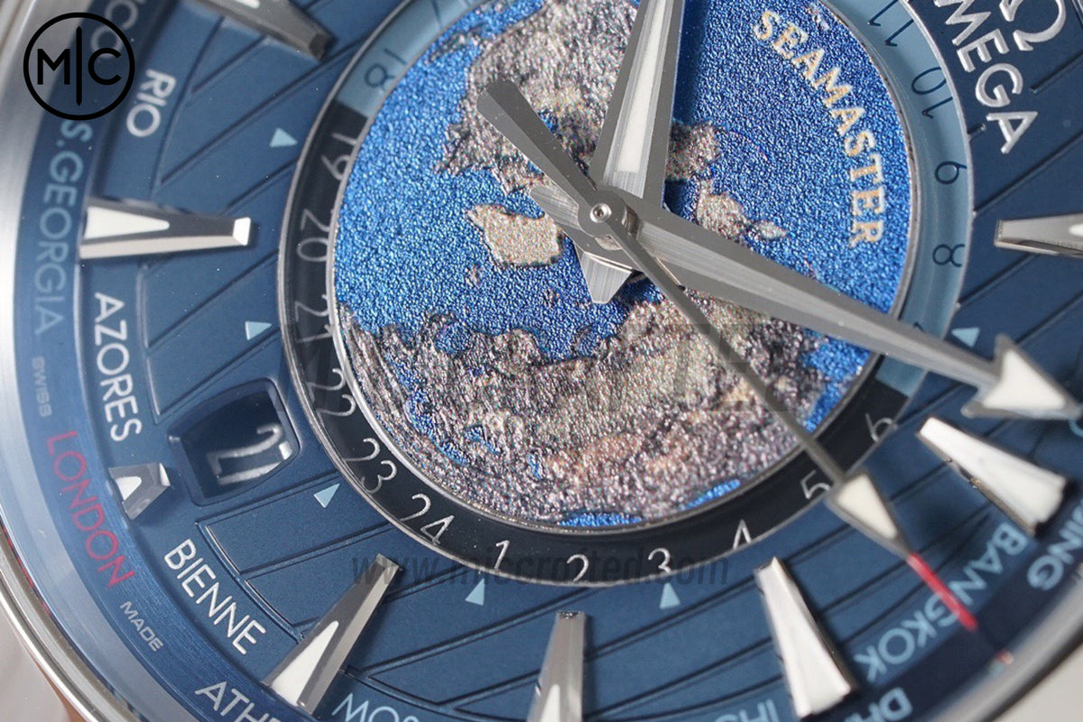 Aqua Terra GMT Worldtimer 43mm Deep Blue Dial on SS Bracelet – Premium Edition