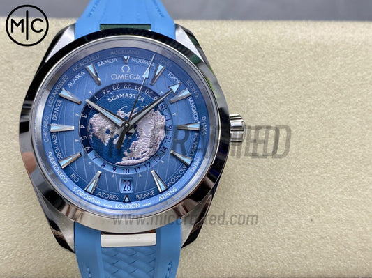 Aqua Terra GMT Worldtimer 43mm Summer Blue Dial on Blue Rubber Strap – Premium Edition