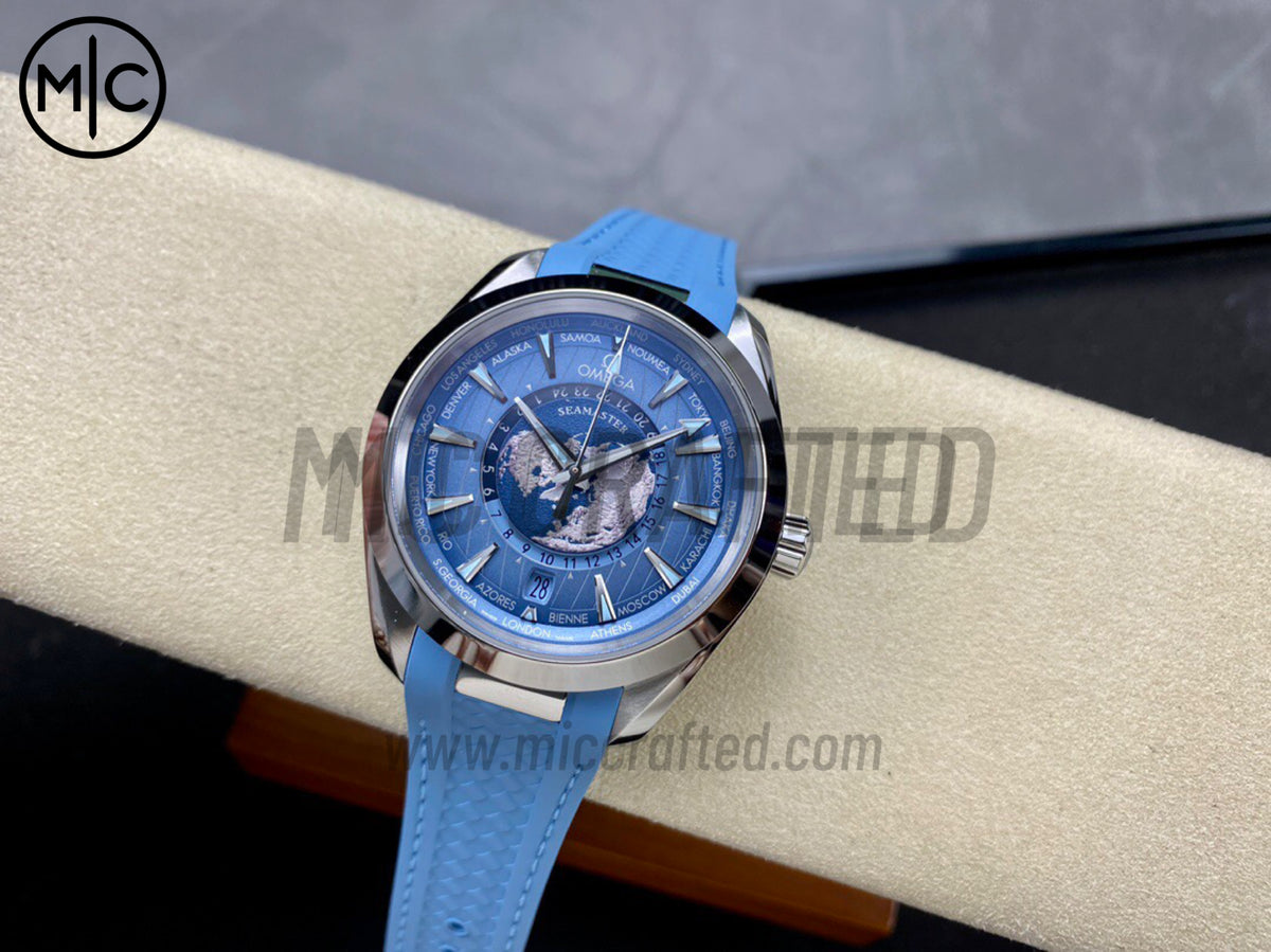 Aqua Terra GMT Worldtimer 43mm Summer Blue Dial on Blue Rubber Strap – Premium Edition