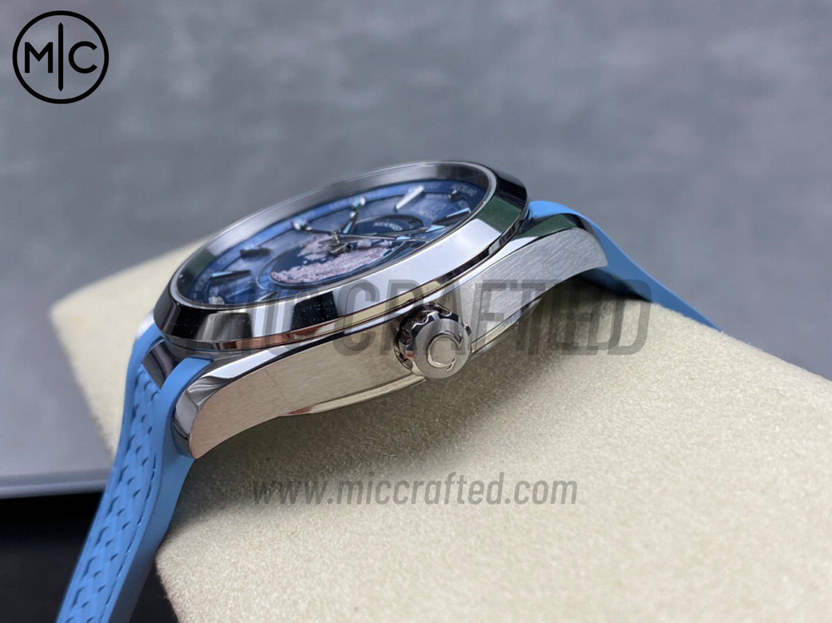 Aqua Terra GMT Worldtimer 43mm Summer Blue Dial on Blue Rubber Strap – Premium Edition