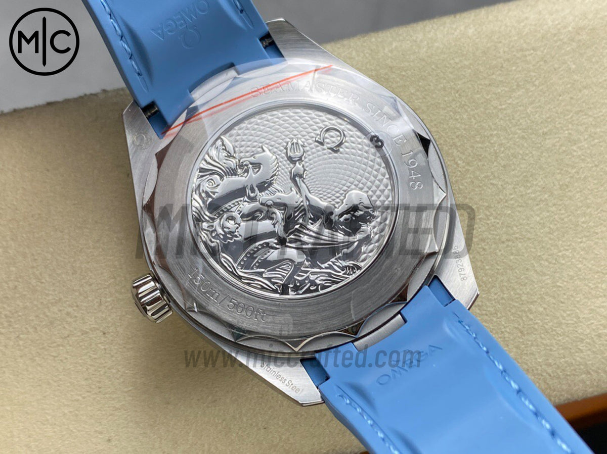 Aqua Terra GMT Worldtimer 43mm Summer Blue Dial on Blue Rubber Strap – Premium Edition