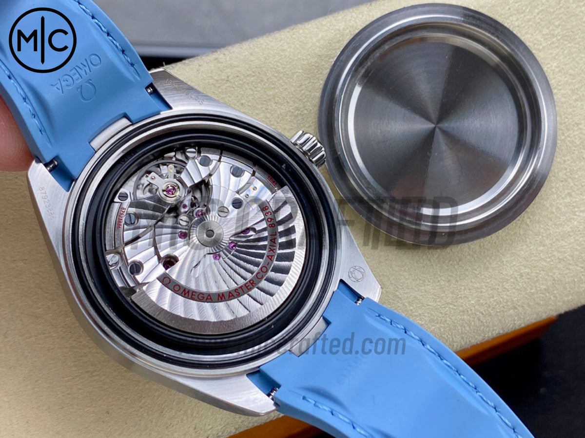 Aqua Terra GMT Worldtimer 43mm Summer Blue Dial on Blue Rubber Strap – Premium Edition