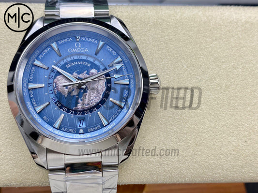 Aqua Terra GMT Worldtimer 43mm Summer Blue Dial on SS Bracelet – Premium Edition