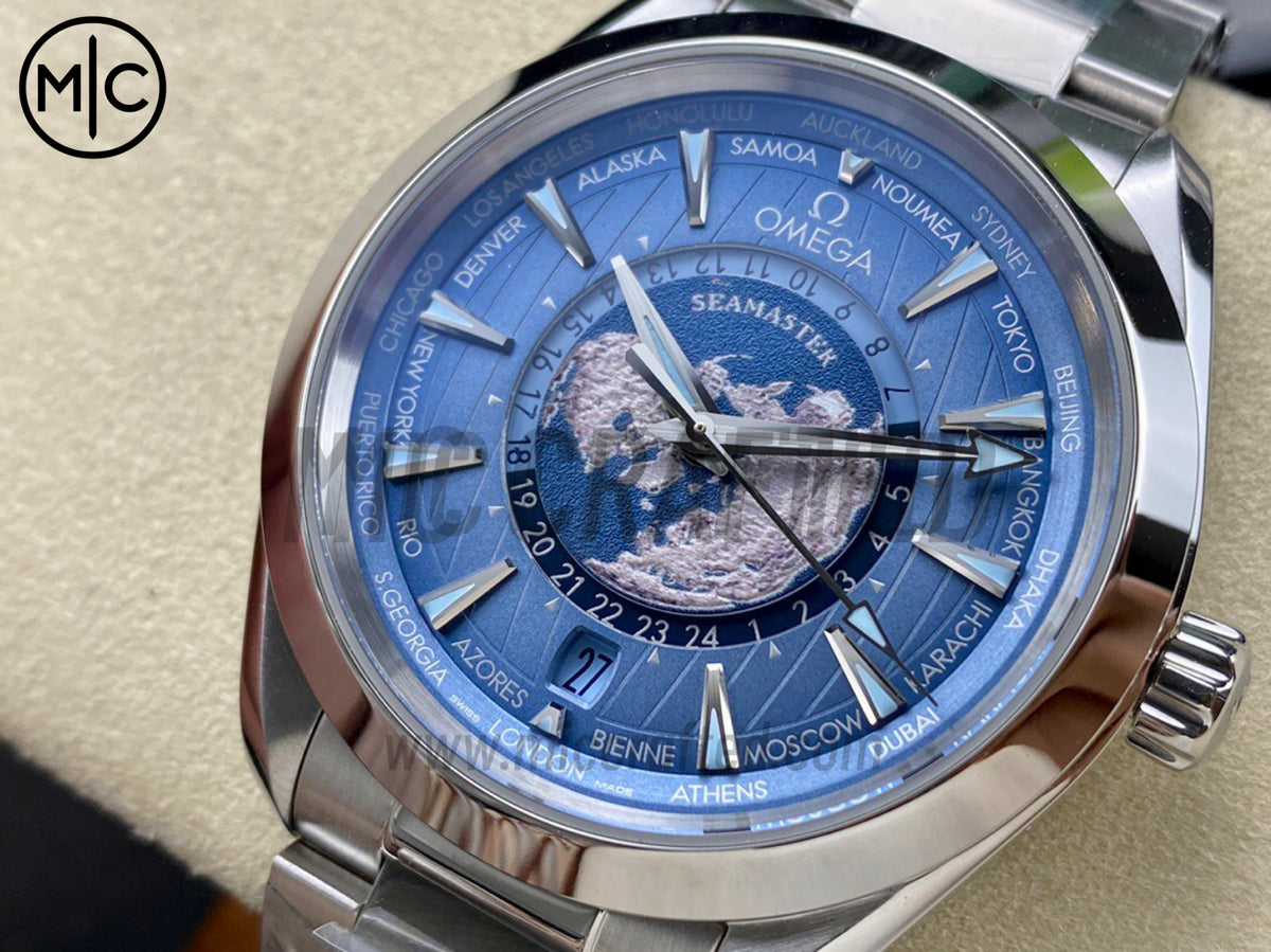 Aqua Terra GMT Worldtimer 43mm Summer Blue Dial on SS Bracelet – Premium Edition
