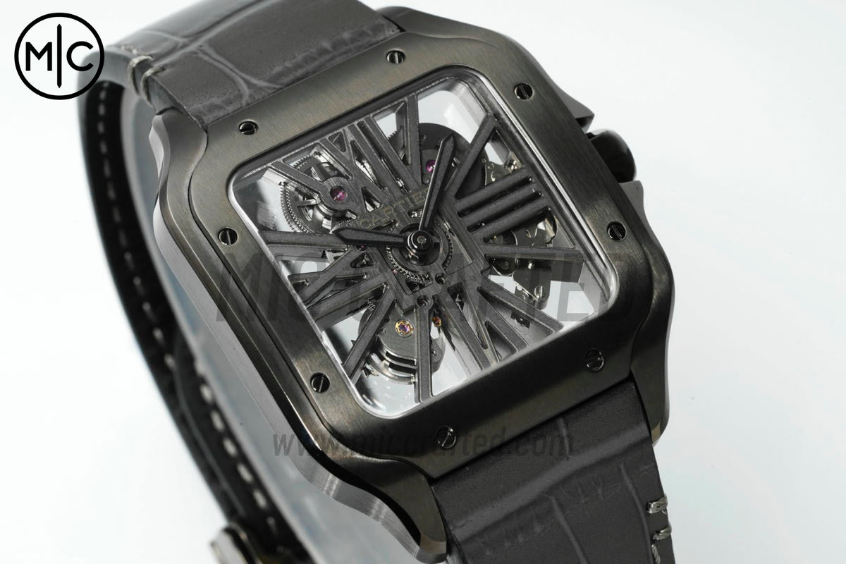 Santos Skeleton 40mm PVD 鏤空錶面，搭配灰色皮革錶帶 - 尊貴版