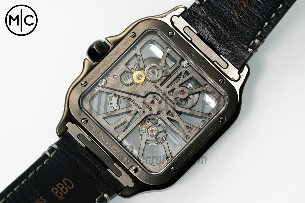 Santos Skeleton 40mm PVD 鏤空錶面，搭配灰色皮革錶帶 - 尊貴版