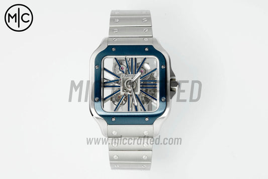 Santos Skeleton 40mm SS Skeleton Dial Blue Bezel on SS SmartLink Bracelet – Premium Edition