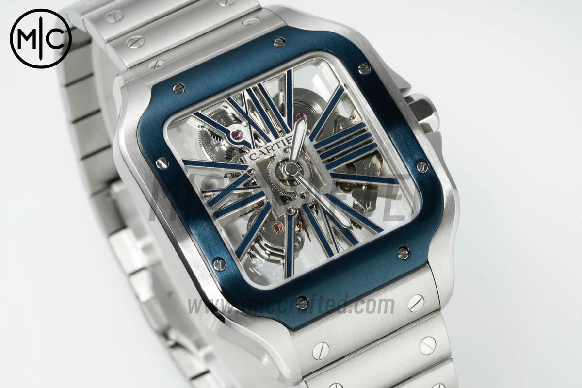 Santos Skeleton 40mm 不鏽鋼鏤空錶面、藍色錶圈，搭配不鏽鋼 SmartLink 錶鏈 - 尊貴版