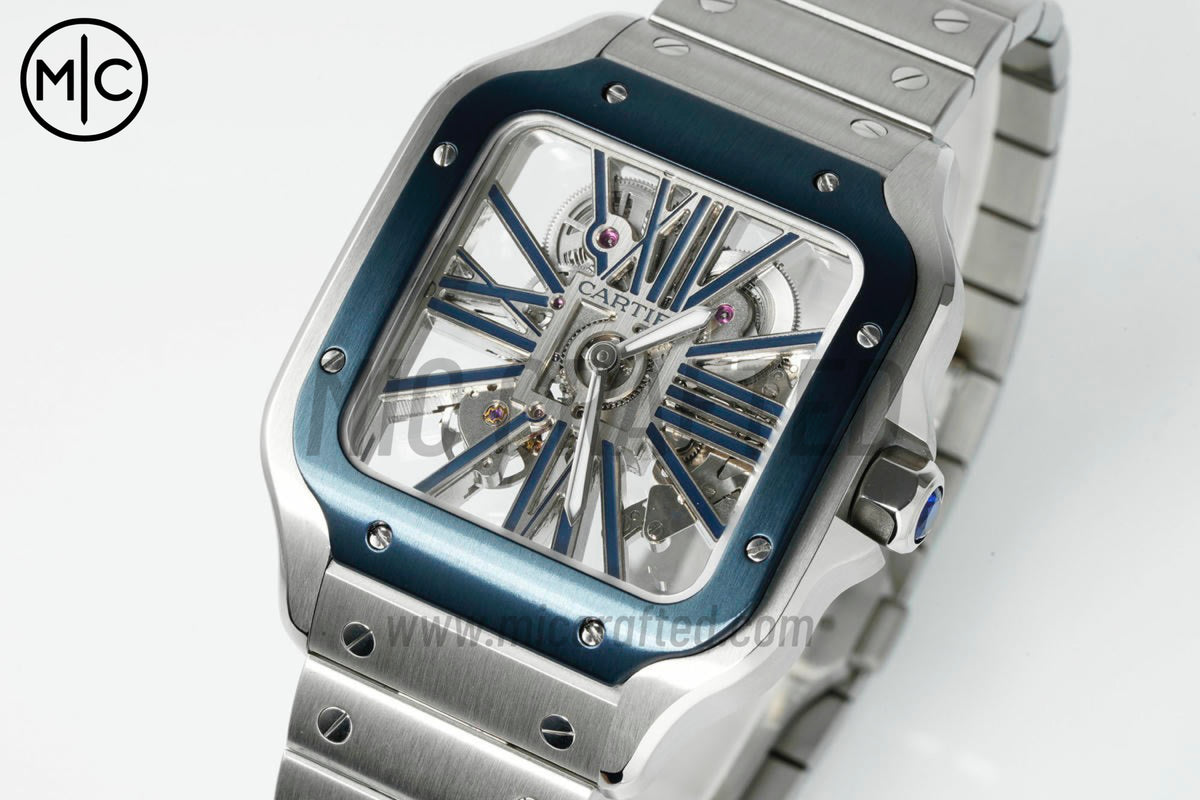 Santos Skeleton 40mm 不鏽鋼鏤空錶面、藍色錶圈，搭配不鏽鋼 SmartLink 錶鏈 - 尊貴版