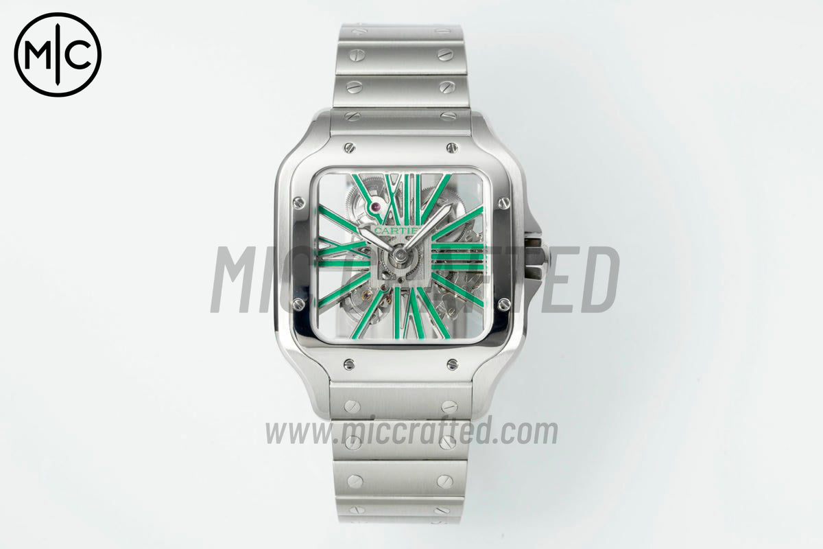 Santos Skeleton 40mm 不鏽鋼綠色鏤空錶面，搭配不鏽鋼 SmartLink 錶鏈 - 尊貴版