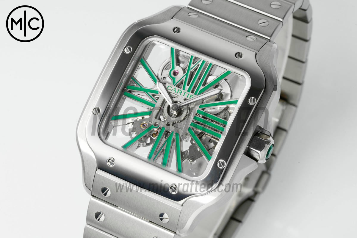 Santos Skeleton 40mm 不鏽鋼綠色鏤空錶面，搭配不鏽鋼 SmartLink 錶鏈 - 尊貴版